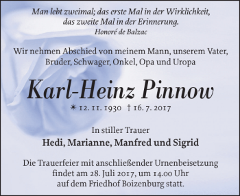 Traueranzeige von Karl-Heinz Pinnow von Hagenower Kreisblatt