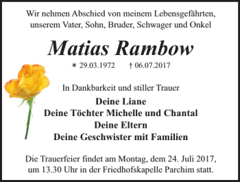 Traueranzeige von Matias Rambow von Parchimer Zeitung