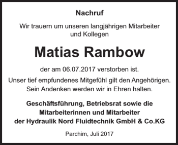 Traueranzeige von Matias Rambow von Parchimer Zeitung