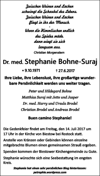 Traueranzeige von Stephanie Bohne-Suraj von Zeitung für die Landeshauptstadt