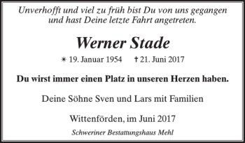 Traueranzeige von Werner Stade von Zeitung für die Landeshauptstadt