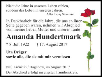 Traueranzeige von Amanda Hundertmark von Hagenower Kreisblatt