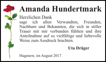 Traueranzeige von Amanda Hundertmark von Hagenower Kreisblatt