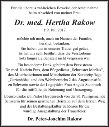 Traueranzeige von Dr. med. Hertha Rakow von Zeitung für die Landeshauptstadt