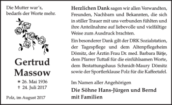 Traueranzeige von Gertrud Massow von Ludwigsluster Tageblatt