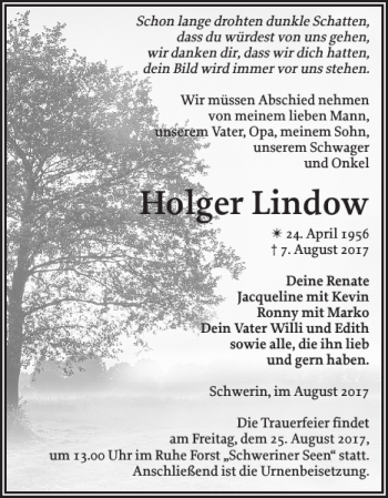 Traueranzeige von Holger Lindow von Zeitung für die Landeshauptstadt