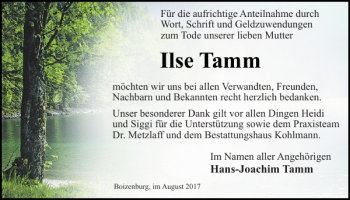 Traueranzeige von Ilse Tamm von Hagenower Kreisblatt