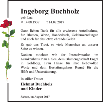 Traueranzeige von Ingeborg Buchholz von Zeitung für Lübz - Goldberg - Plau