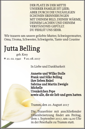 Traueranzeige von Jutta Belling von Zeitung für die Landeshauptstadt