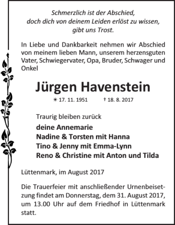 Traueranzeige von Jürgen Havenstein von Hagenower Kreisblatt