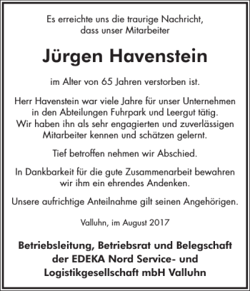 Traueranzeige von Jürgen Havenstein von Hagenower Kreisblatt