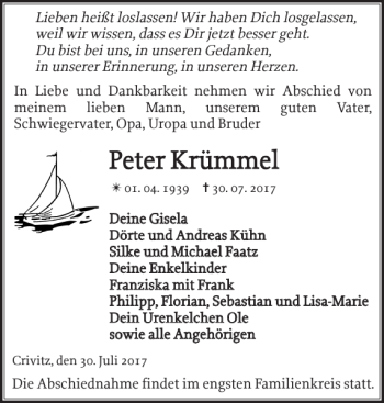 Traueranzeige von Peter Krümmel von Zeitung für die Landeshauptstadt