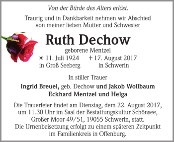 Traueranzeige von Ruth Dechow von Zeitung für die Landeshauptstadt