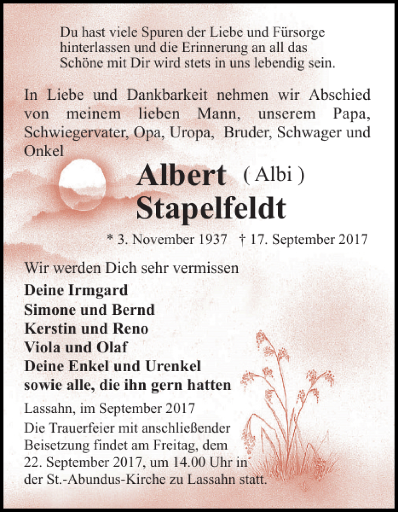  Traueranzeige für Albert Stapelfeldt vom 20.09.2017 aus Hagenower Kreisblatt