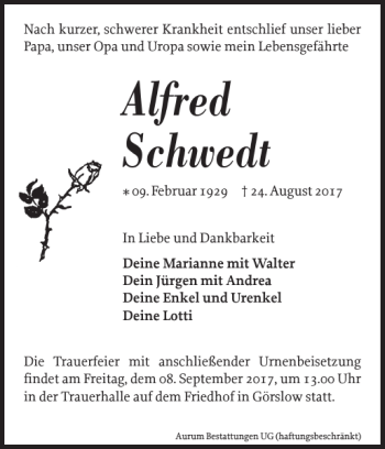 Traueranzeige von Alfred Schwedt von Zeitung für die Landeshauptstadt