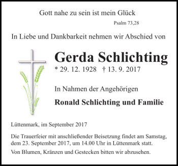 Traueranzeige von Gerda Schlichting von Hagenower Kreisblatt