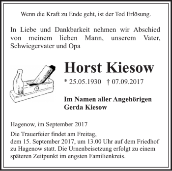 Traueranzeige von Horst Kiesow von Hagenower Kreisblatt