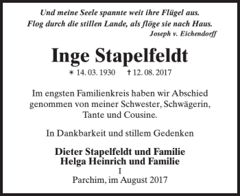 Traueranzeige von Inge Stapelfeldt von Parchimer Zeitung