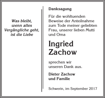 Traueranzeige von Ingried Zachow von Zeitung für die Landeshauptstadt