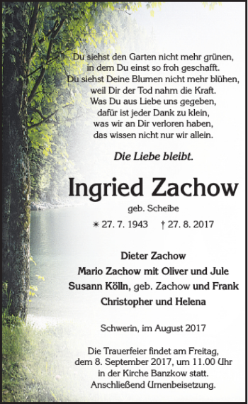 Traueranzeige von Ingried Zachow von Zeitung für die Landeshauptstadt