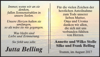 Traueranzeige von Jutta Belling von Zeitung für die Landeshauptstadt