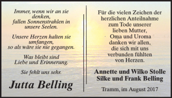 Traueranzeige von Jutta Belling von Parchimer Zeitung