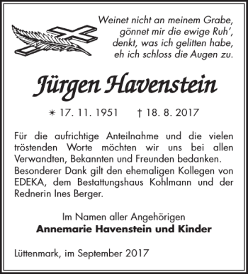 Traueranzeige von Jürgen Havenstein von Hagenower Kreisblatt