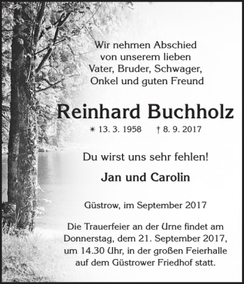 Traueranzeige von Reinhard Buchholz von Güstrower Anzeiger