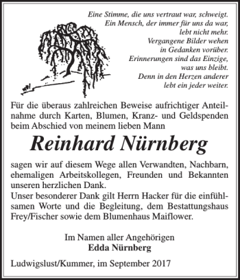 Traueranzeige von Reinhard Nürnberg von Ludwigsluster Tageblatt