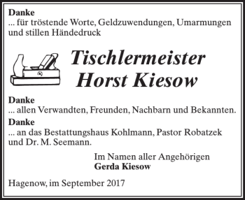 Traueranzeige von Tischlermeister Horst Kiesow von Hagenower Kreisblatt