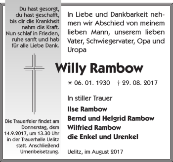 Traueranzeige von Willy Rambow von Zeitung für die Landeshauptstadt