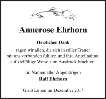 Traueranzeige von Annerose Ehrhorn von Der Prignitzer