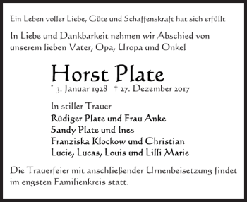 Traueranzeige von Horst Plate von Der Prignitzer