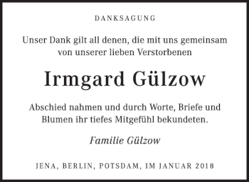 Traueranzeige von Irmgard Gülzow von Zeitung für die Landeshauptstadt