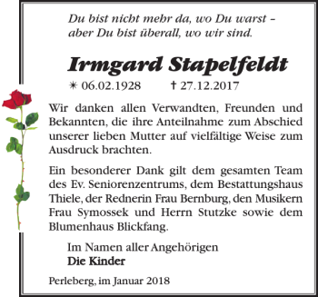 Traueranzeige von Irmgard Stapelfeldt von Der Prignitzer