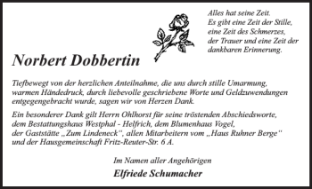 Traueranzeige von Norbert Dobbertin von Zeitung für Lübz - Goldberg - Plau