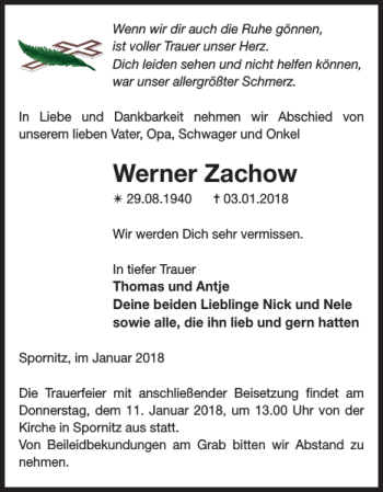 Traueranzeige von Werner Zachow von Parchimer Zeitung