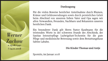 Traueranzeige von Werner Zachow von Parchimer Zeitung