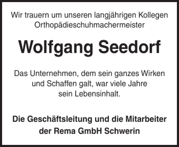 Traueranzeige von Wolfgang Seedorf von Zeitung für die Landeshauptstadt