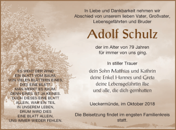 Traueranzeige von Adolf Schulz von Haff-Zeitung