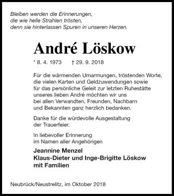 Traueranzeige von André Löskow von Strelitzer Zeitung