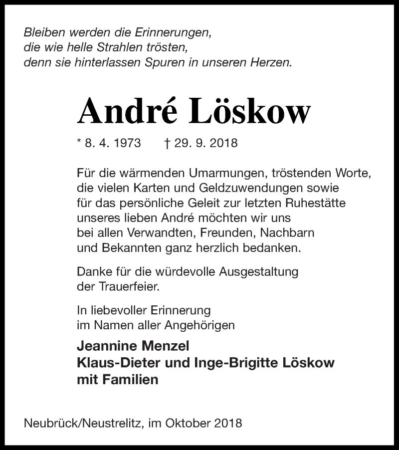  Traueranzeige für André Löskow vom 20.10.2018 aus Strelitzer Zeitung