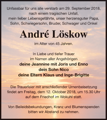 Traueranzeige von André Löskow von Strelitzer Zeitung