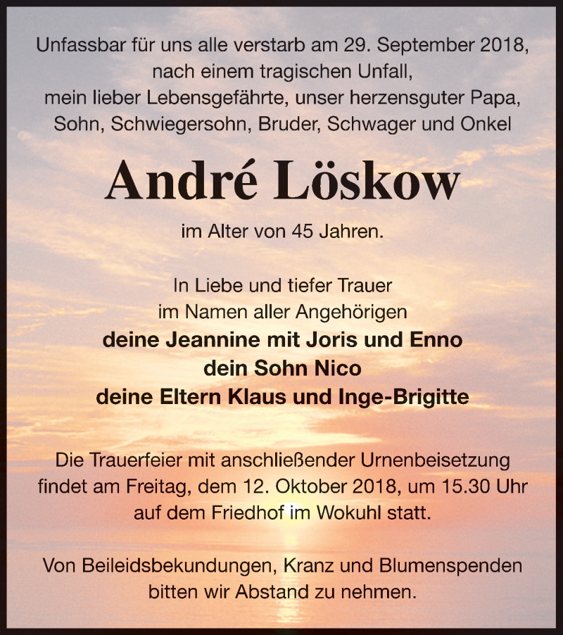  Traueranzeige für André Löskow vom 09.10.2018 aus Strelitzer Zeitung