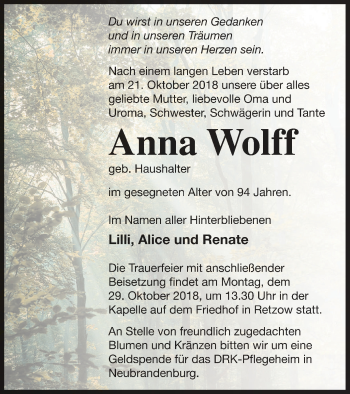 Traueranzeige von Anna Wolff von Mecklenburger Schweiz