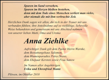 Traueranzeige von Anna Ziehlke von Pasewalker Zeitung