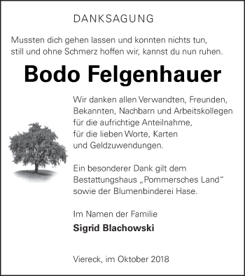 Traueranzeige von Bodo Felgenhauer von Haff-Zeitung