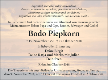 Traueranzeige von Bodo Piepkorn von Vorpommern Kurier