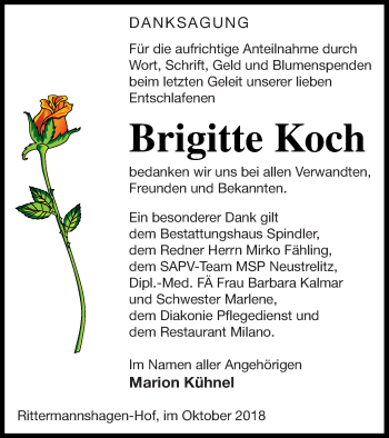 Traueranzeige von Brigitte Koch von Mecklenburger Schweiz