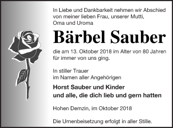 Traueranzeige von Bärbel Sauber von Mecklenburger Schweiz